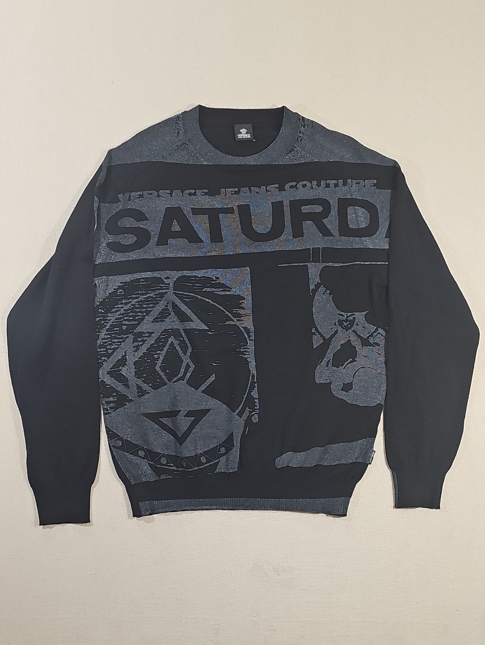 Versace Jeans Collection Black Crewneck Sweater with Gray Graphic SATURD Panel